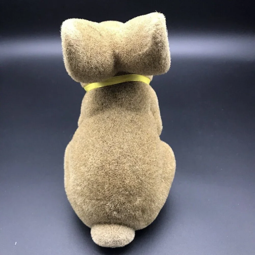 Vintage Flocked Rabbit Bunny Figure Brown Yellow Bow Easter Spring 8